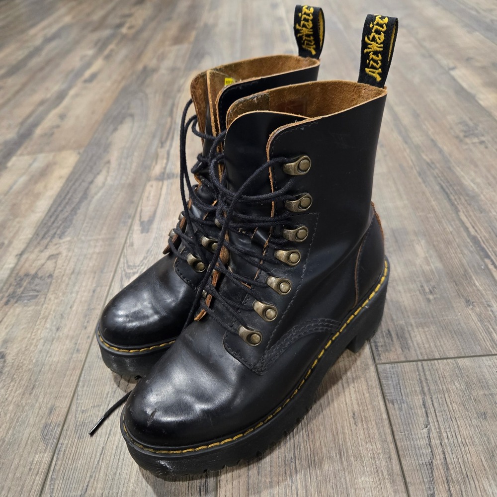 Dr Martens Leona Platform Boots Combat Black Leather Lace Up Utility Womens‎ 5